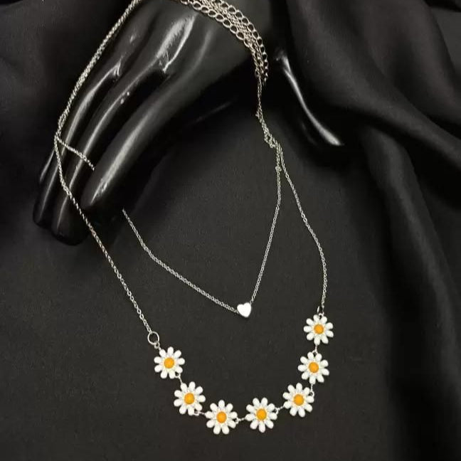 Beautiful Golden Daisy Heart Two-Layered Necklace
