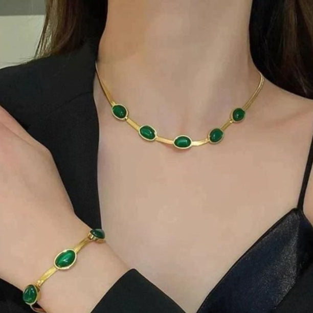 Oval Green Crystal Pendant Necklace Set With Bracelet