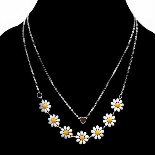 Beautiful Golden Daisy Heart Two-Layered Necklace
